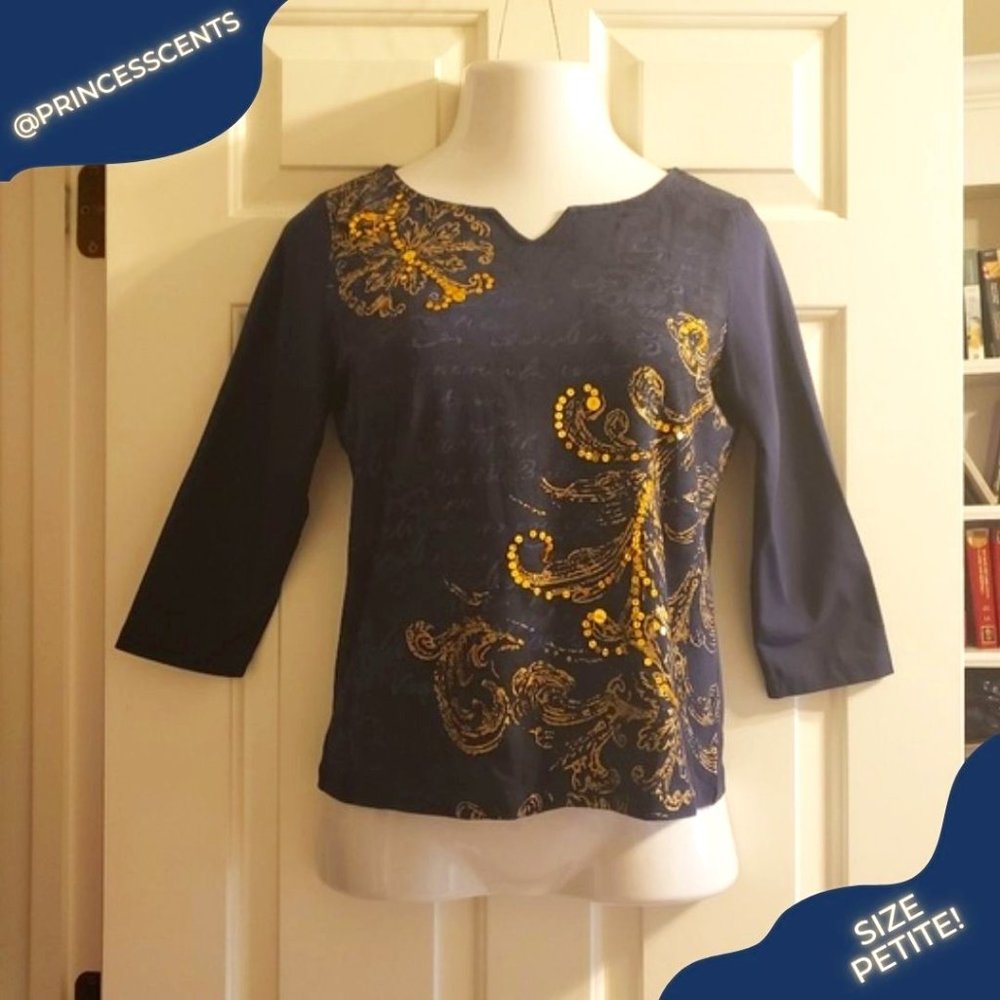 Ruby Rd Navy and Gold Quarter Sleeve